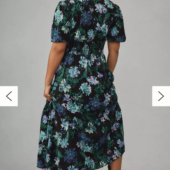 Anthropologie THE KATERINA BUTTON-FRONT DRESS - Black, Green, and Purple Floral - Picture 6 of 8